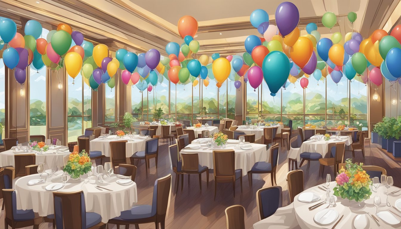 Colorful banners and balloons adorn the spacious restaurant. Tables are set with elegant place settings and guests mingle, enjoying the lively atmosphere
