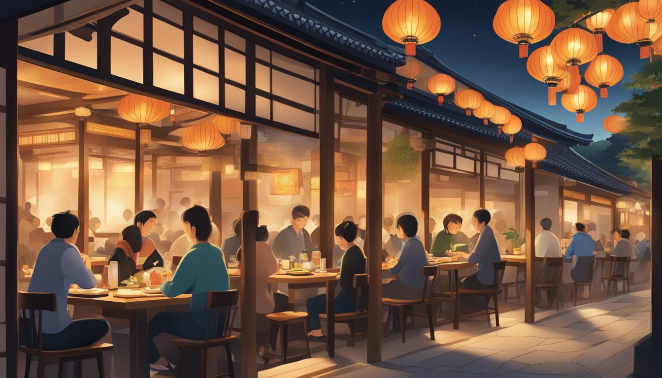 A bustling Kyoto restaurant with traditional sliding doors, low tables, and paper lanterns casting a warm glow over diners enjoying their meals