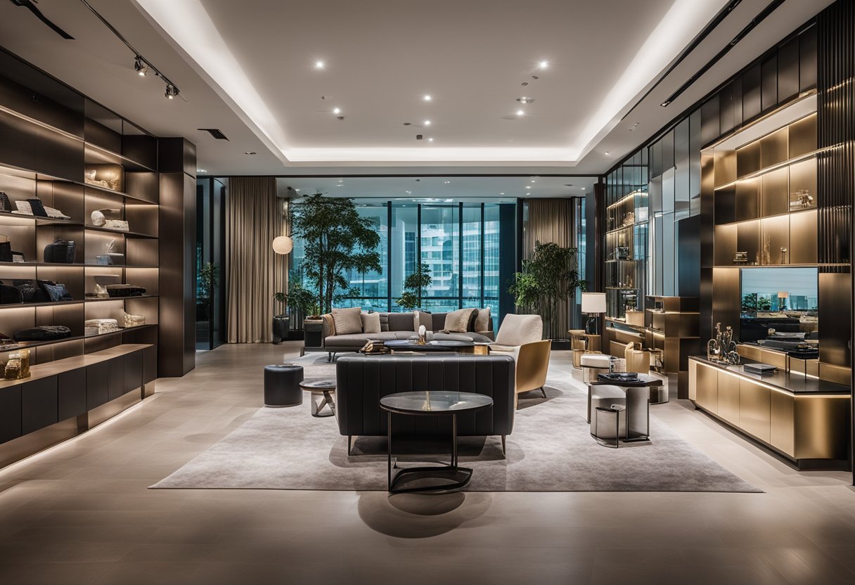 A luxurious showroom with modern, elegant furniture on display in Singapore. The space is well-lit with sleek, minimalist design