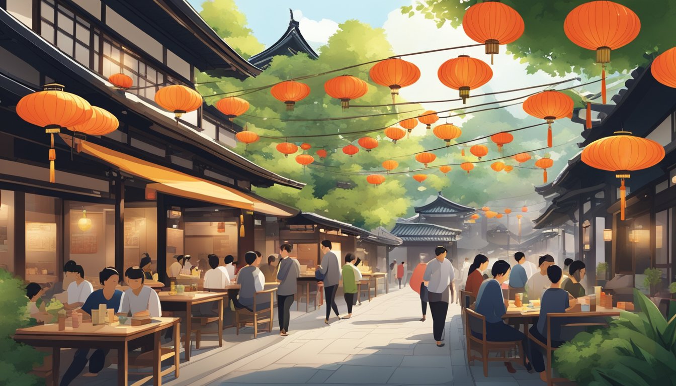 A bustling Kyoto restaurant with colorful banners and traditional lanterns, surrounded by lush greenery and the aroma of sizzling street food