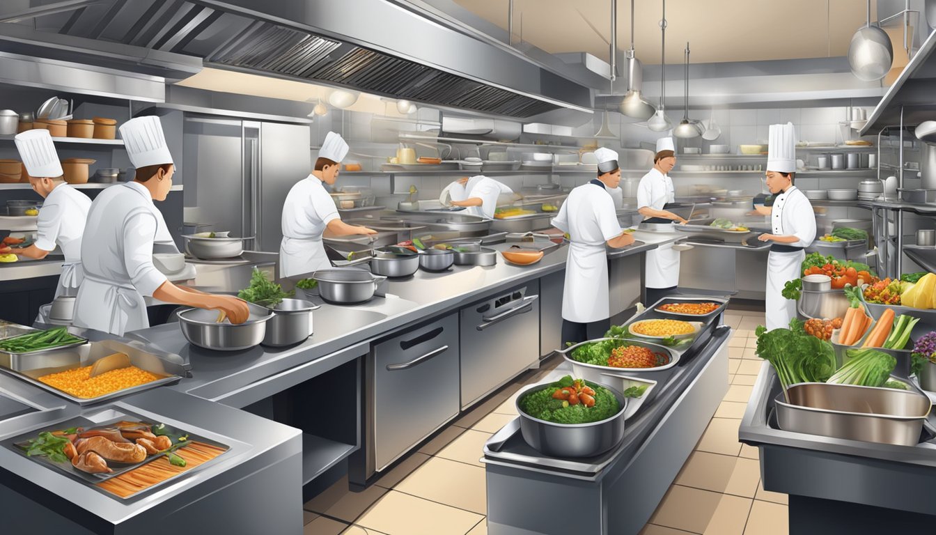 A bustling restaurant kitchen with chefs cooking and plating dishes, surrounded by shelves of fresh ingredients and cooking utensils
