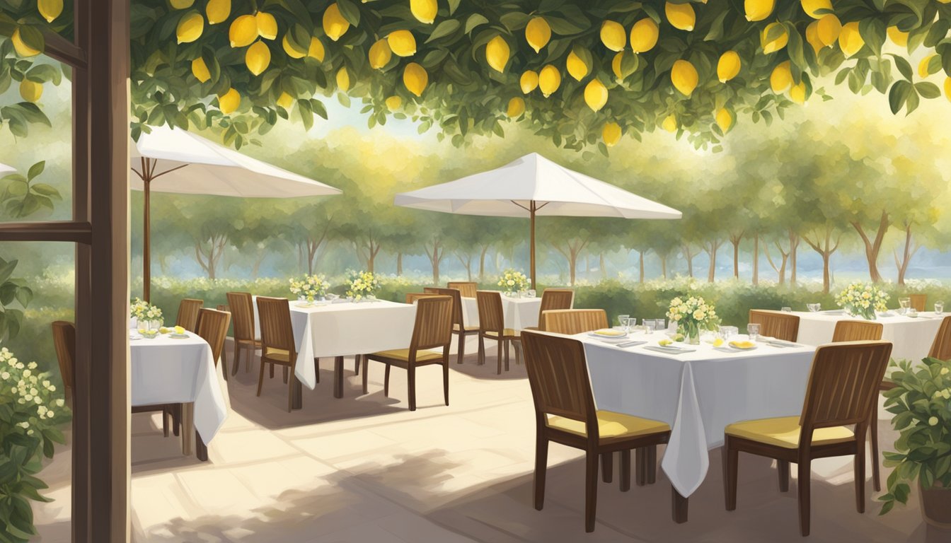 Tables set with white linen, surrounded by lemon trees in bloom, soft sunlight filtering through the leaves. A serene and inviting atmosphere for a dining experience at Lemon Tree Restaurant