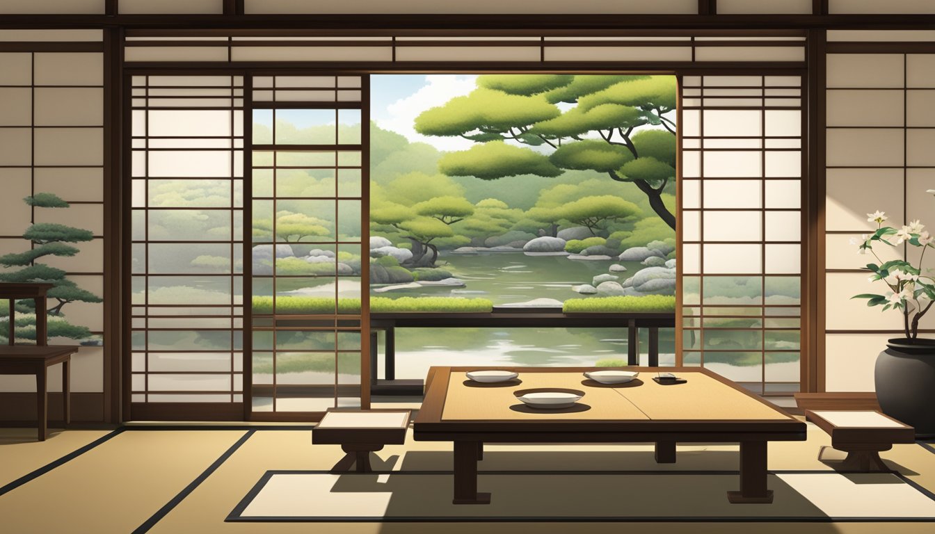 A traditional Kyoto dining room with low tables, tatami mats, sliding paper doors, and a view of a serene Japanese garden