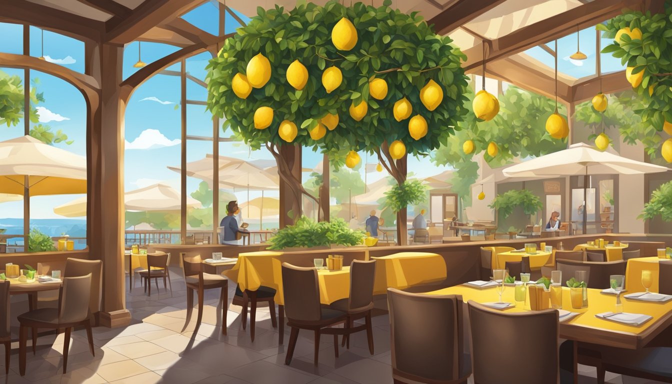 A bustling restaurant with a vibrant lemon tree in the center, surrounded by cozy tables and chairs, with a warm and inviting atmosphere
