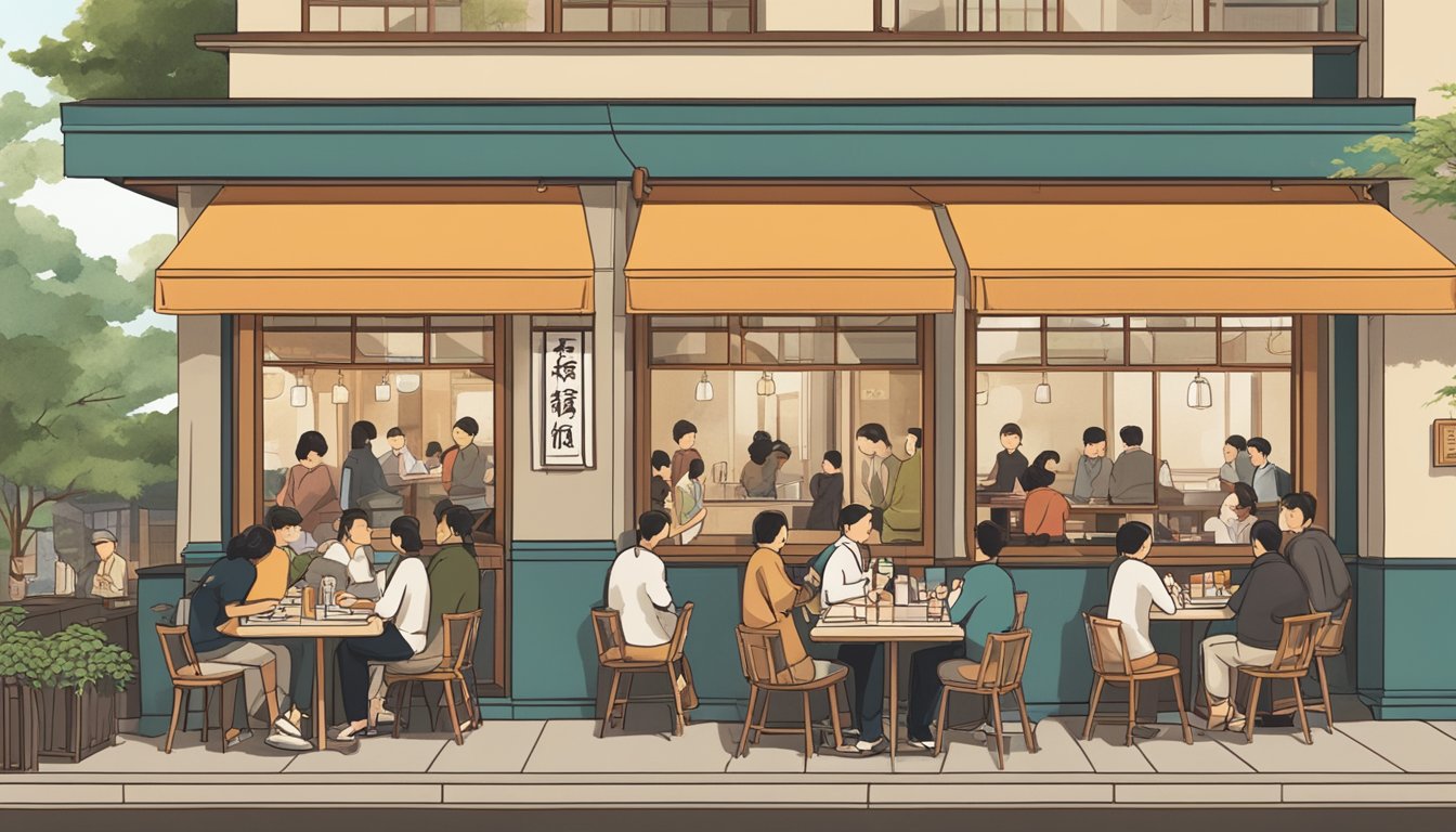 A bustling restaurant with a sign reading "Frequently Asked Questions Kyoto Restaurant" and a line of customers waiting outside. Tables are filled with happy diners enjoying their meals