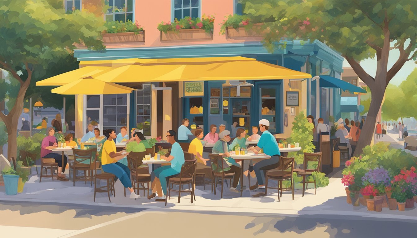 The bustling Lemon Tree Restaurant, with outdoor seating and a colorful sign, is filled with diners enjoying their meals and chatting happily