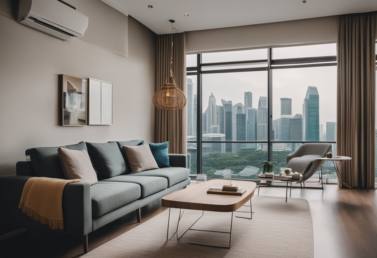 A cozy, modern living room with sleek Danish furniture in a bustling Singapore cityscape
