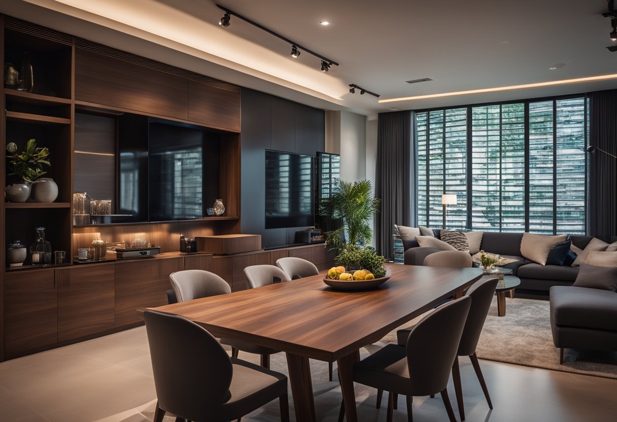 A sleek American walnut dining table and chairs stand in a modern Singaporean living room, surrounded by soft ambient lighting and minimalist decor