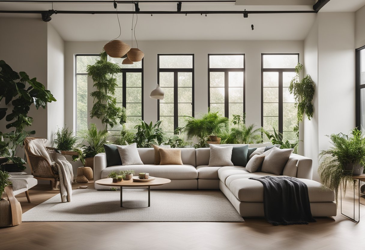 A cozy living room with sleek, minimalist furniture, soft neutral tones, and natural materials. Large windows let in plenty of natural light, and green plants add a touch of nature to the space