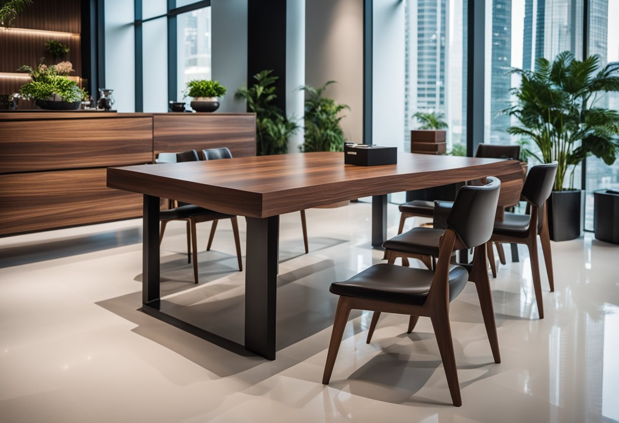 A spacious, well-lit showroom displays sleek American walnut furniture in Singapore. Rich, dark wood grains complement modern design elements