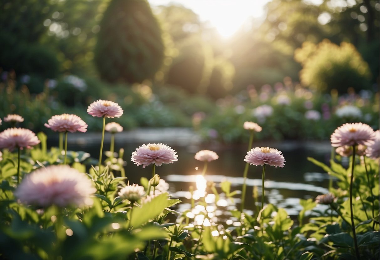 Affirmations For Gratitude: A sunlit garden with blooming flowers, a peaceful pond, and a gentle breeze, evoking a sense of calm and appreciation