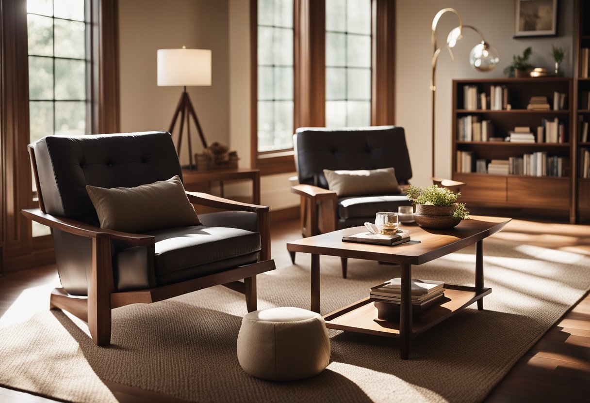 A cozy living room with American walnut furniture: a sleek coffee table, a sturdy bookshelf, and a luxurious armchair. Sunlight streams in through the window, casting warm, inviting shadows on the rich, dark wood
