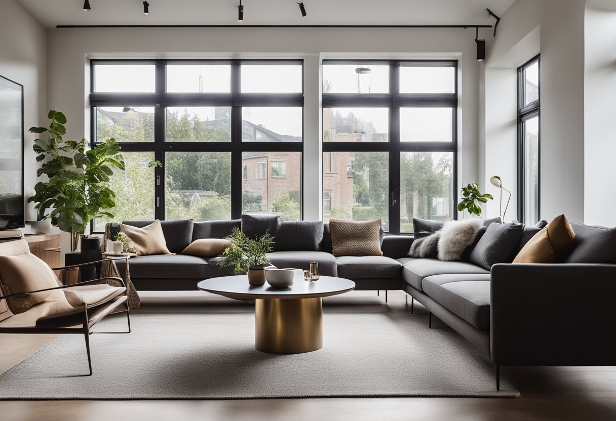 A cozy living room with modern Danish furniture, a sleek sofa, and a minimalist coffee table. A floor-to-ceiling window lets in natural light, illuminating the space