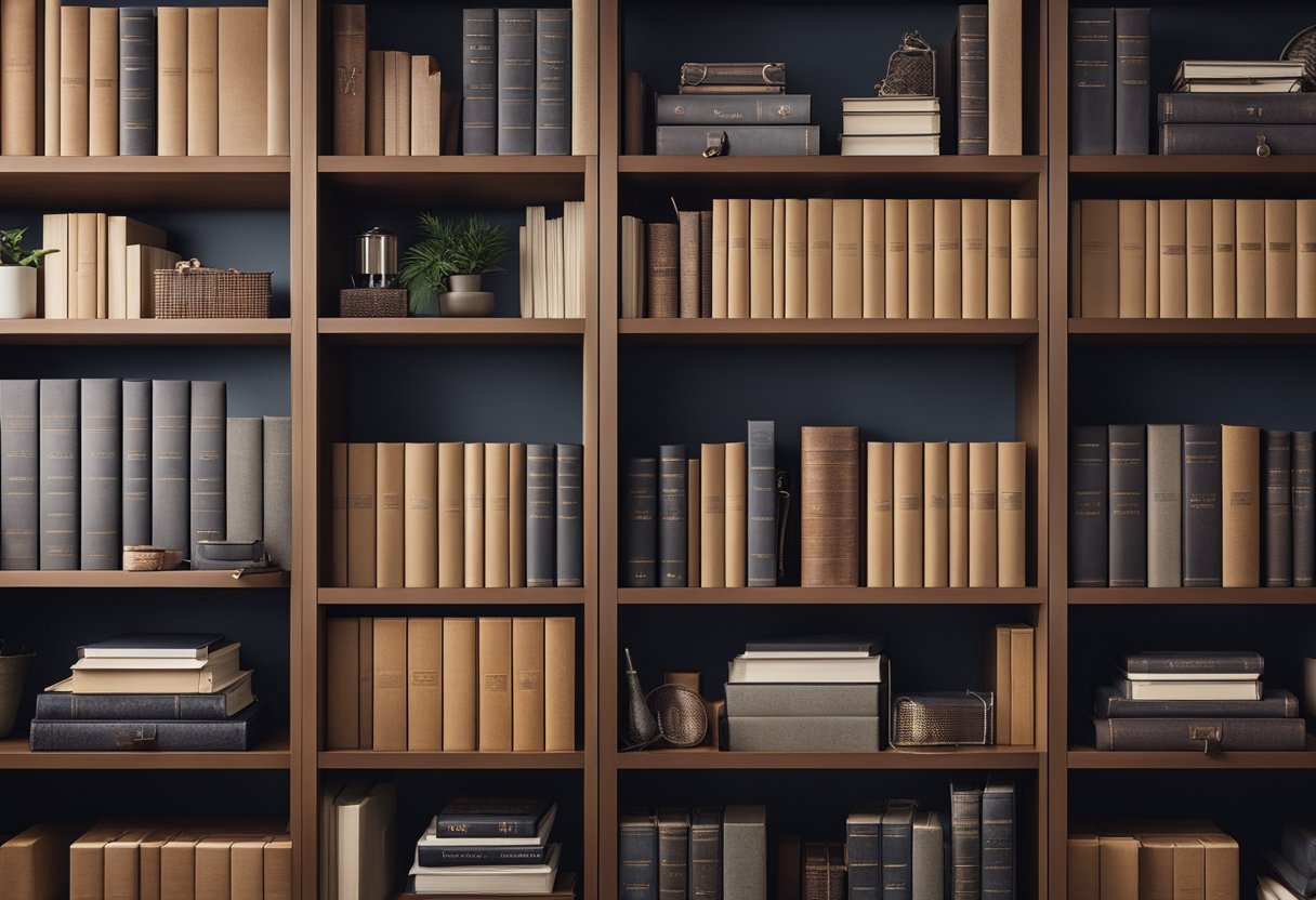 A modern office bookshelf filled with books, binders, and decorative items. The shelves are neatly organized with a mix of vertical and horizontal arrangements