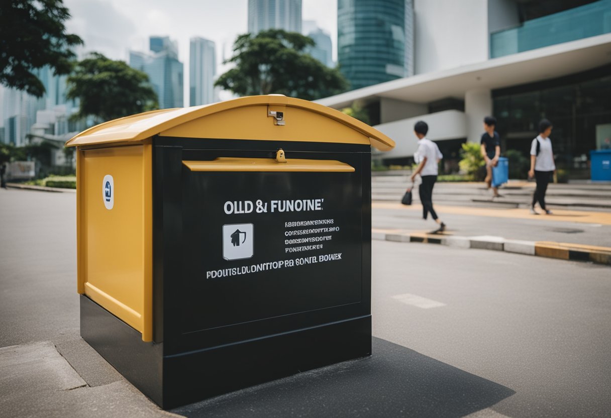 A person places old furniture in a donation box outside a charity organization in Singapore
