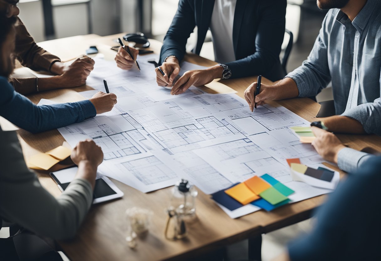 A team of designers brainstorming and sketching out warehouse office layout plans with color swatches and furniture samples scattered around the table