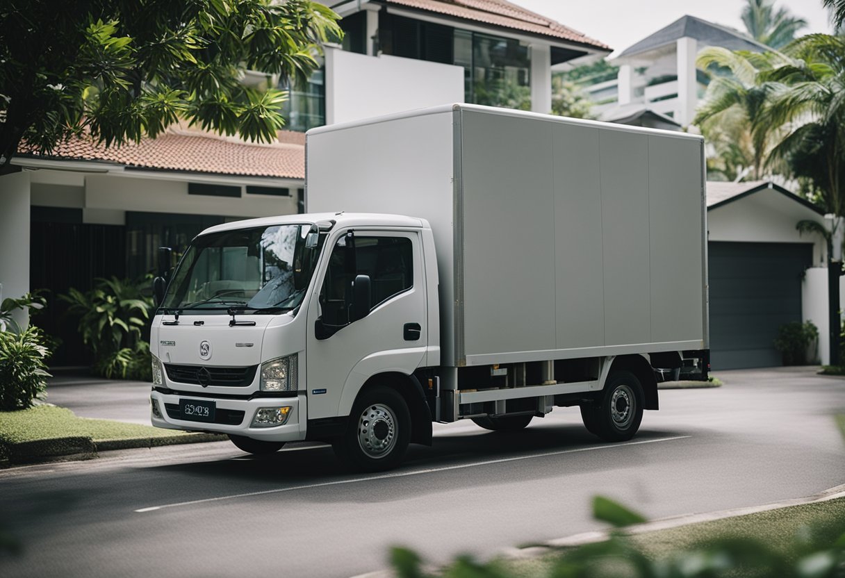 A delivery truck unloads furniture outside a Singapore home