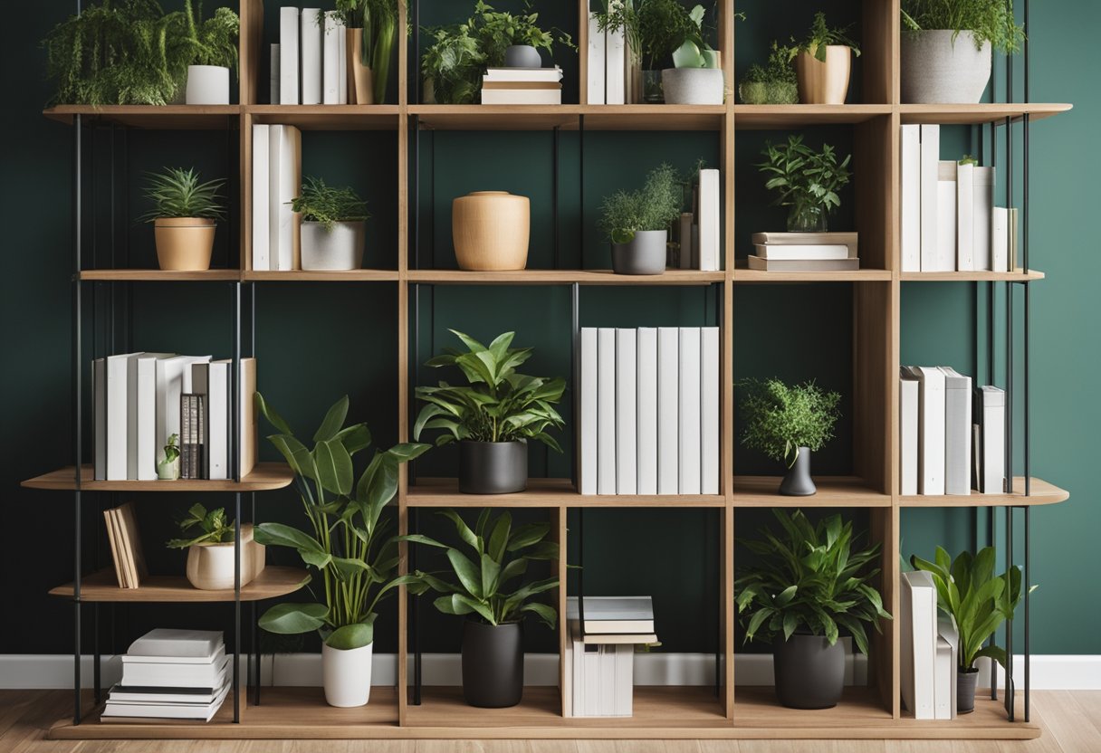 A modern office bookshelf with sleek lines and minimalist design, showcasing a mix of books, plants, and decorative objects in a well-organized manner
