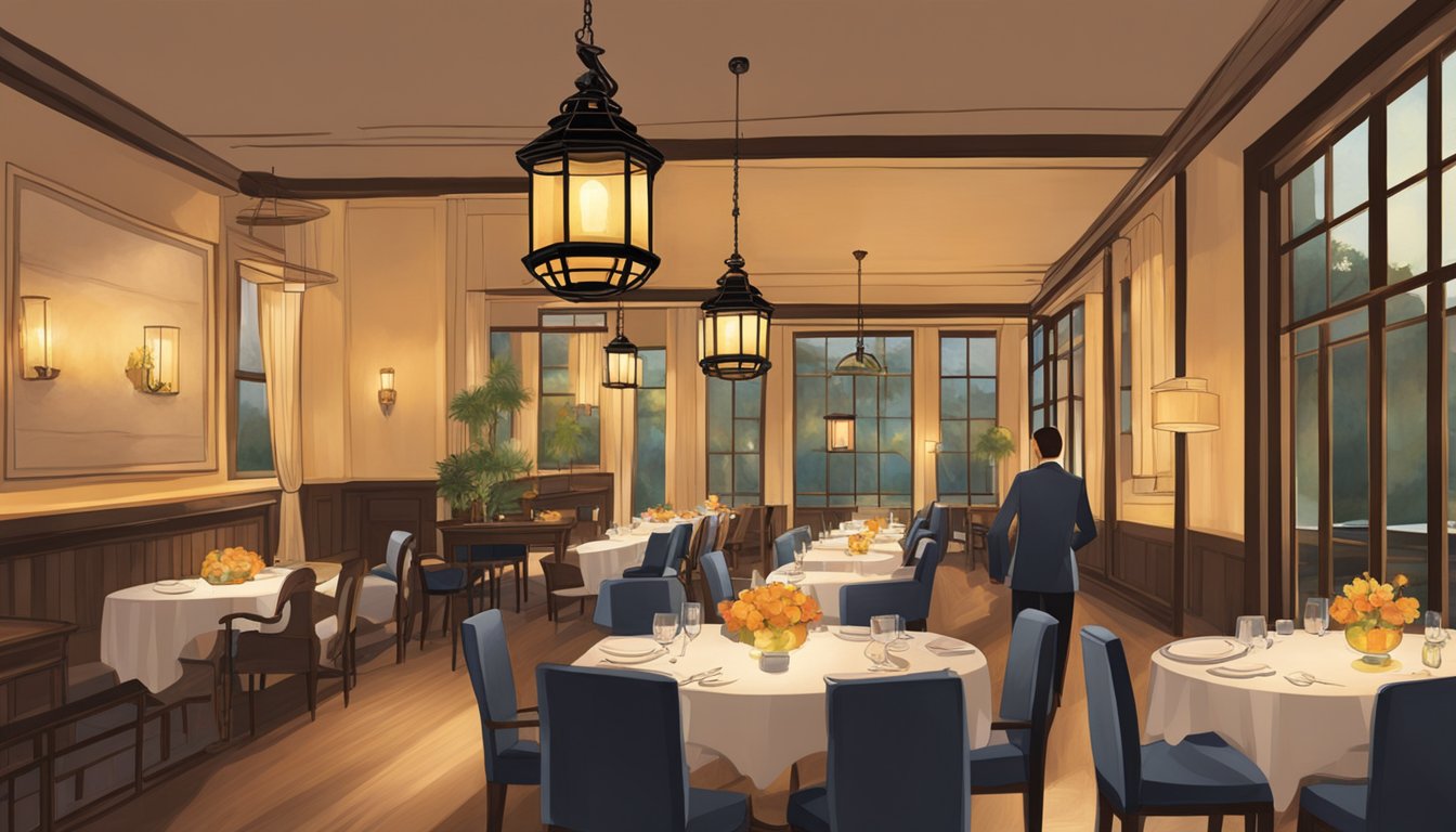 The warm glow of hanging lanterns illuminates the elegant dining area. A server gracefully attends to guests, creating a tranquil and inviting atmosphere