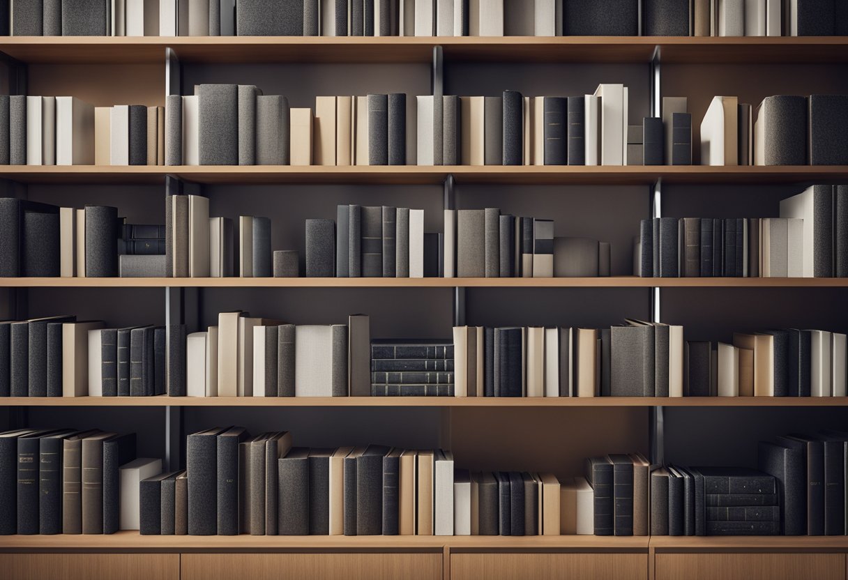 A modern office bookshelf with neatly arranged books, decorative items, and storage boxes. The shelves are organized and styled with a minimalist aesthetic