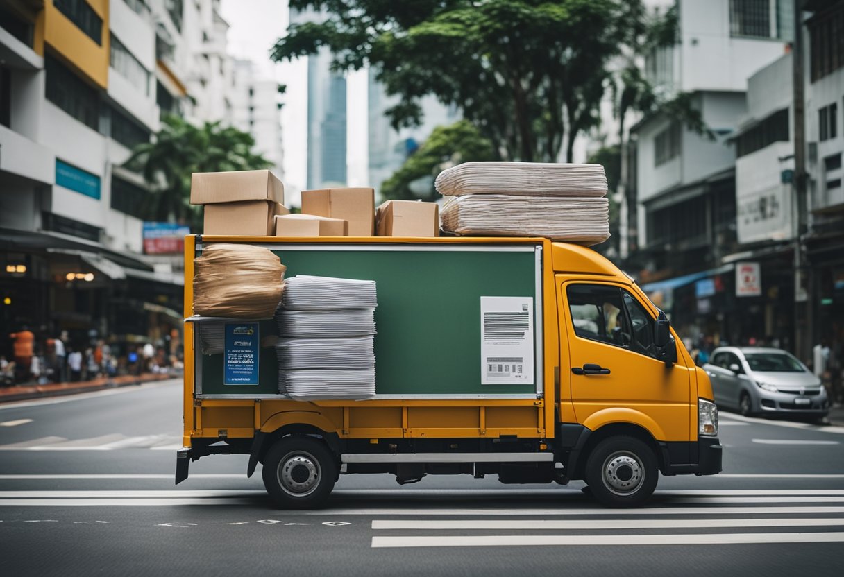 A delivery truck navigates through Singapore's bustling streets, carrying a load of carefully packaged furniture. The driver carefully maneuvers through traffic, ensuring the safe and timely delivery of the goods