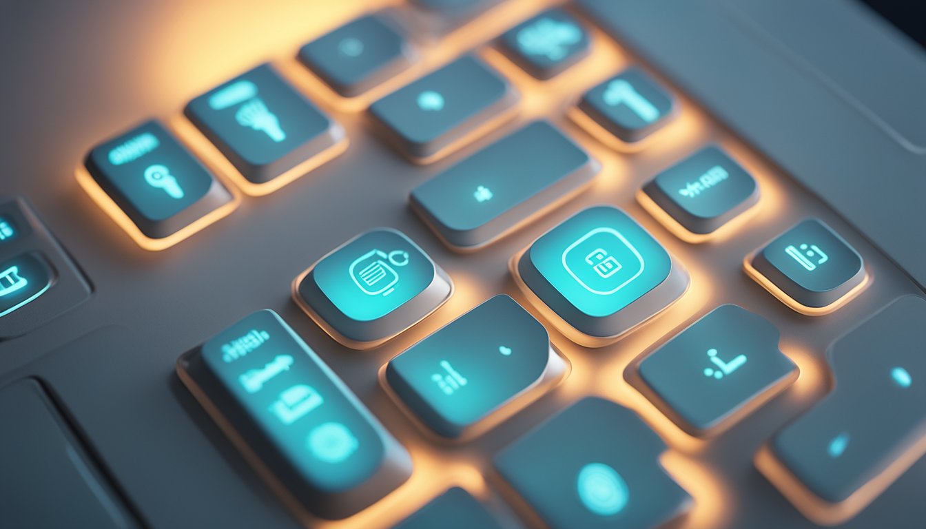 A custom silicone keypad lies on a sleek, modern desk, illuminated by soft overhead lighting. The keypad's surface is smooth and glossy, with raised buttons and a subtle, embossed logo in the corner
