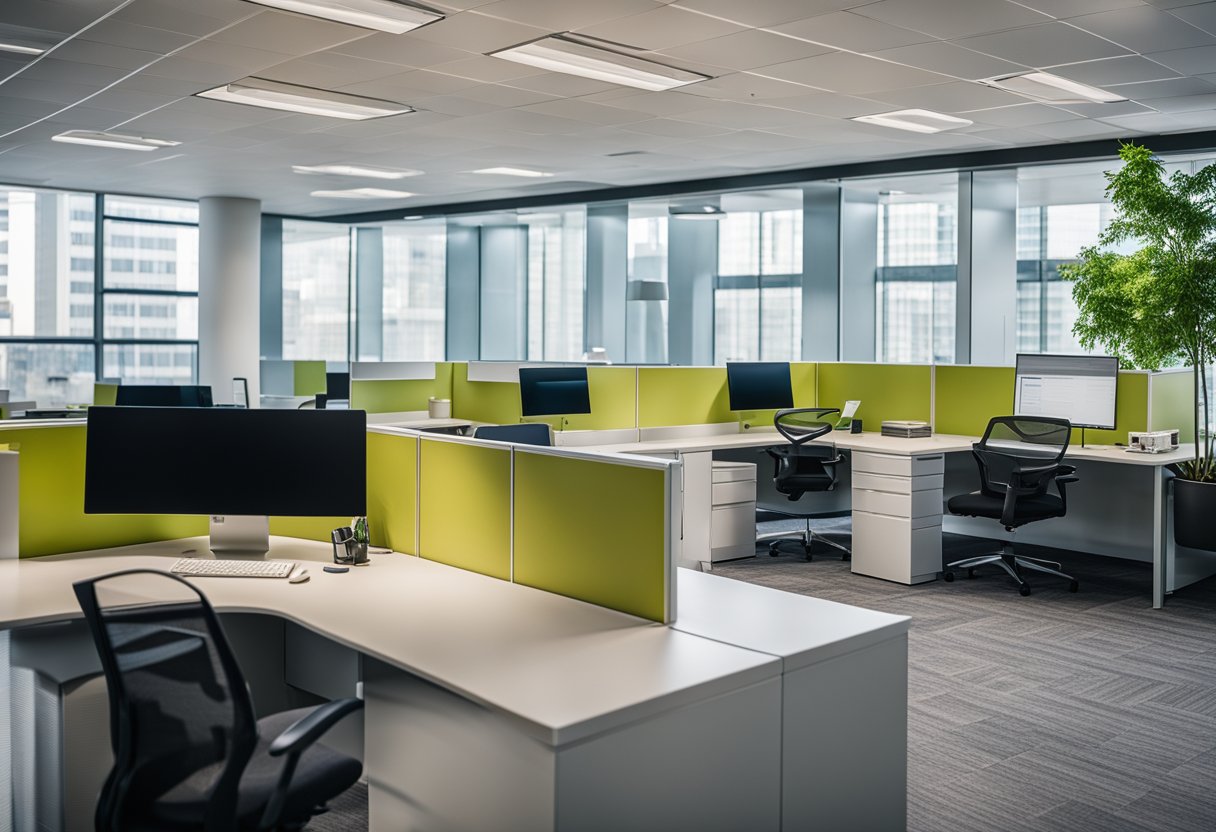 A modern office cubicle with sleek, minimalist furniture, pops of vibrant color, and plenty of natural light streaming in through large windows