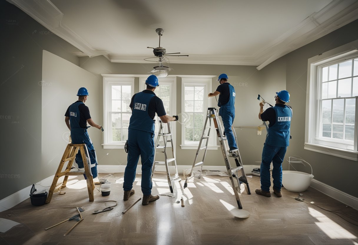 A team of workers renovates a 5-room residence, painting walls and installing new fixtures