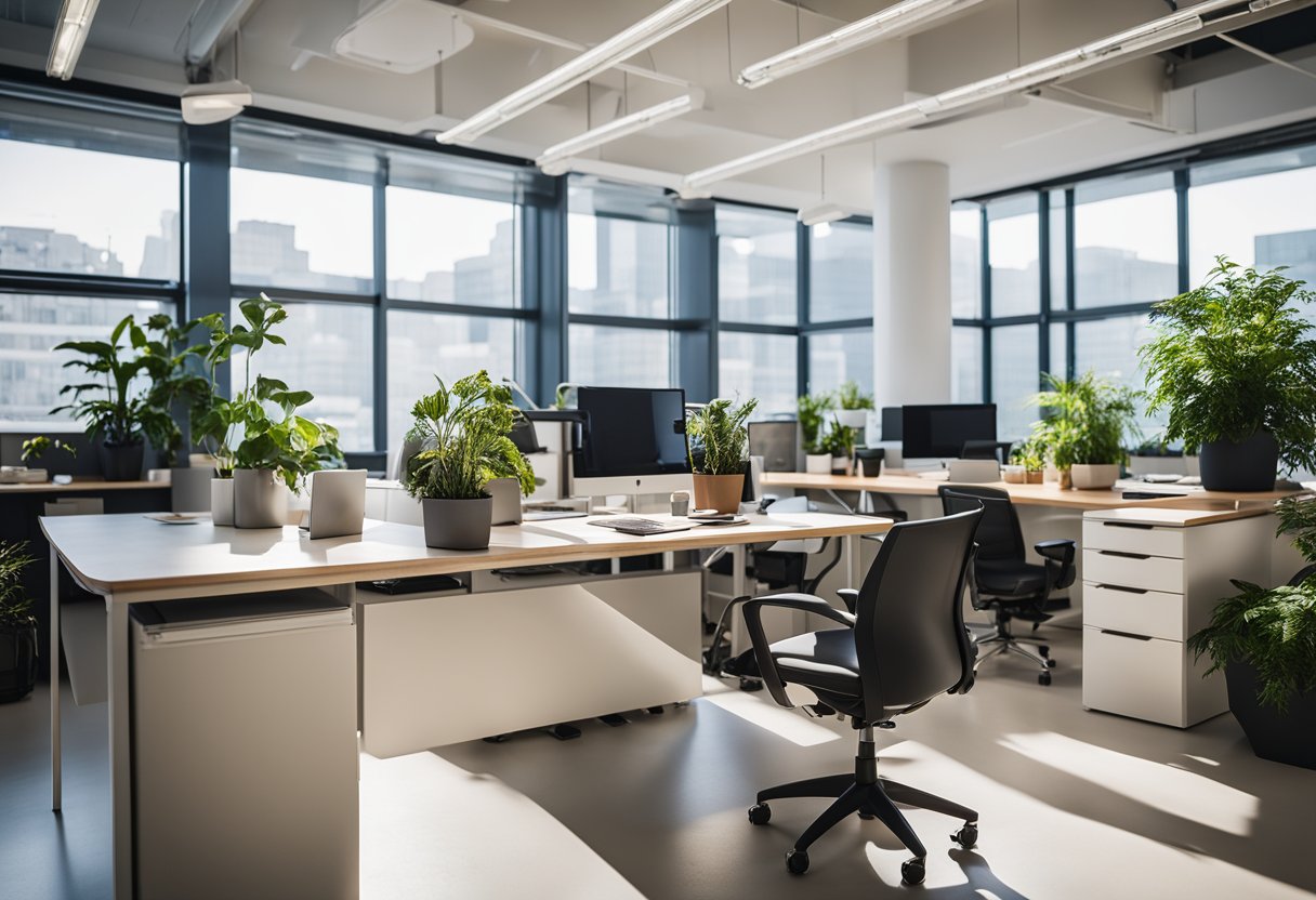 A brightly lit office cubicle with ergonomic furniture, adjustable standing desk, and organized storage solutions. Plants and natural light enhance the space, promoting focus and productivity