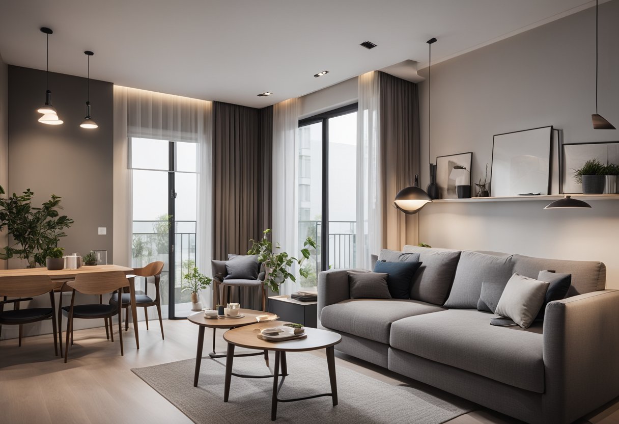 A modern 2-room BTO with sleek furniture, smart storage solutions, and a minimalist color scheme. Functional yet stylish layout with a cozy living area and a well-equipped kitchen
