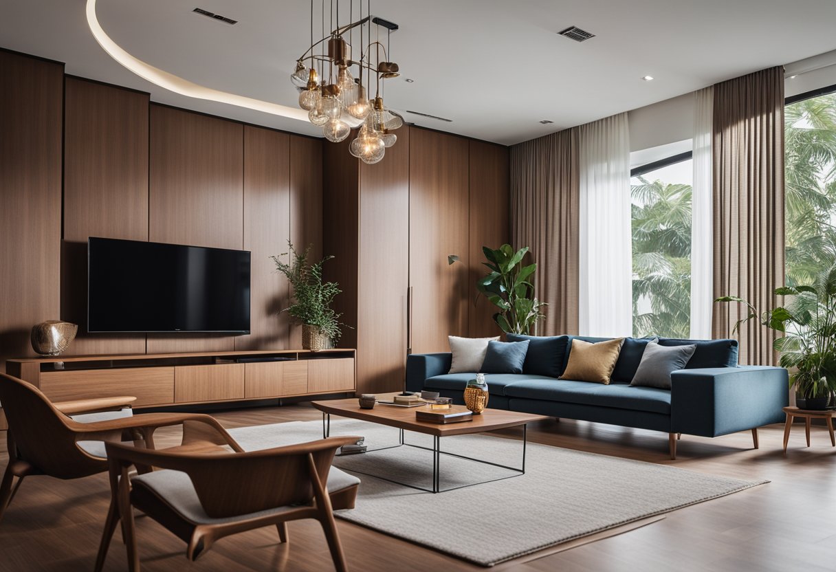 A modern living room with sleek walnut furniture in Singapore. Clean lines and warm wood tones create a cozy and stylish atmosphere