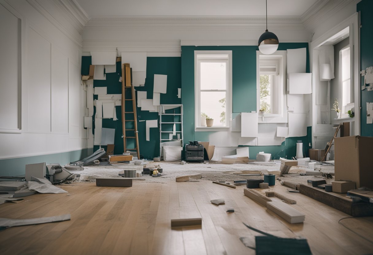 A cluttered room with renovation materials scattered around, a fresh coat of paint on the walls, and a new floor being installed