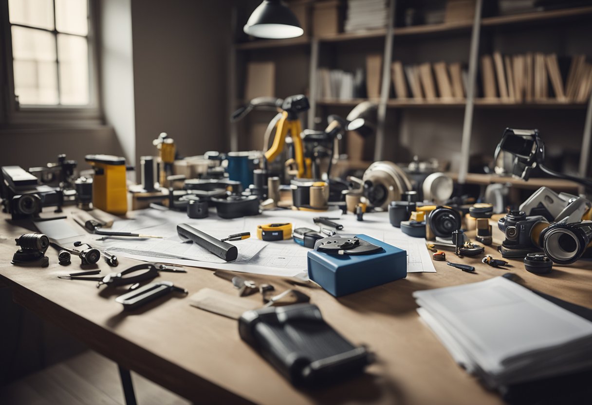 A cluttered room with scattered tools and materials, a bare wall ready for renovation, and a blueprint or design plan laid out on a table