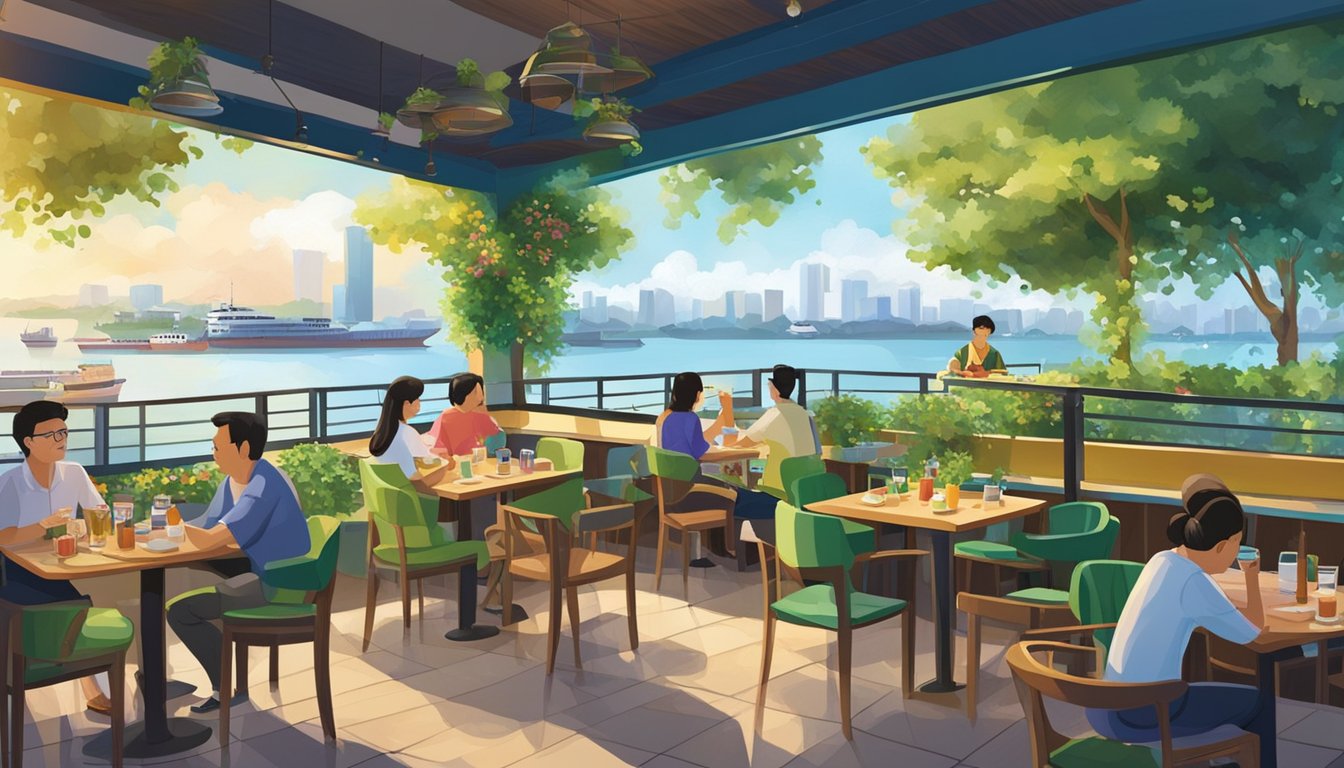 The bustling Sembawang Seafood Restaurant, with its colorful outdoor seating and vibrant atmosphere, is surrounded by lush greenery and a view of the sparkling waterfront