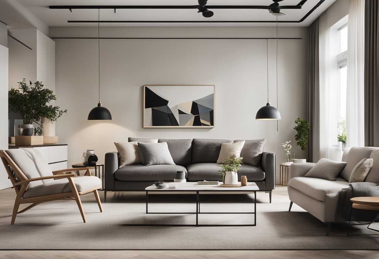 A spacious, well-lit room with modern furniture and neutral color scheme. Open shelving and sleek fixtures add a contemporary touch