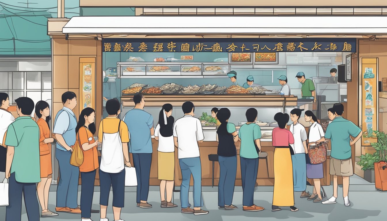 Customers line up at the entrance of the bustling Sembawang Seafood Restaurant, while waitstaff move swiftly between tables, taking orders and delivering steaming dishes of fresh seafood