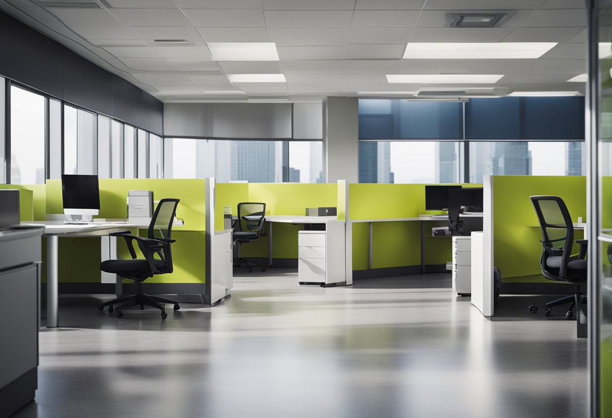 A bright, modern office cubicle with sleek, ergonomic furniture, vibrant color accents, and plenty of natural light streaming in through large windows