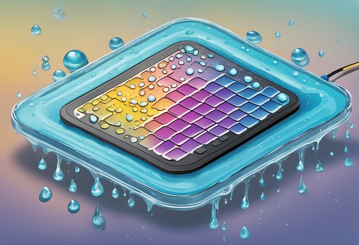 A waterproof membrane switch being pressed underwater, with water droplets rolling off the flexible surface