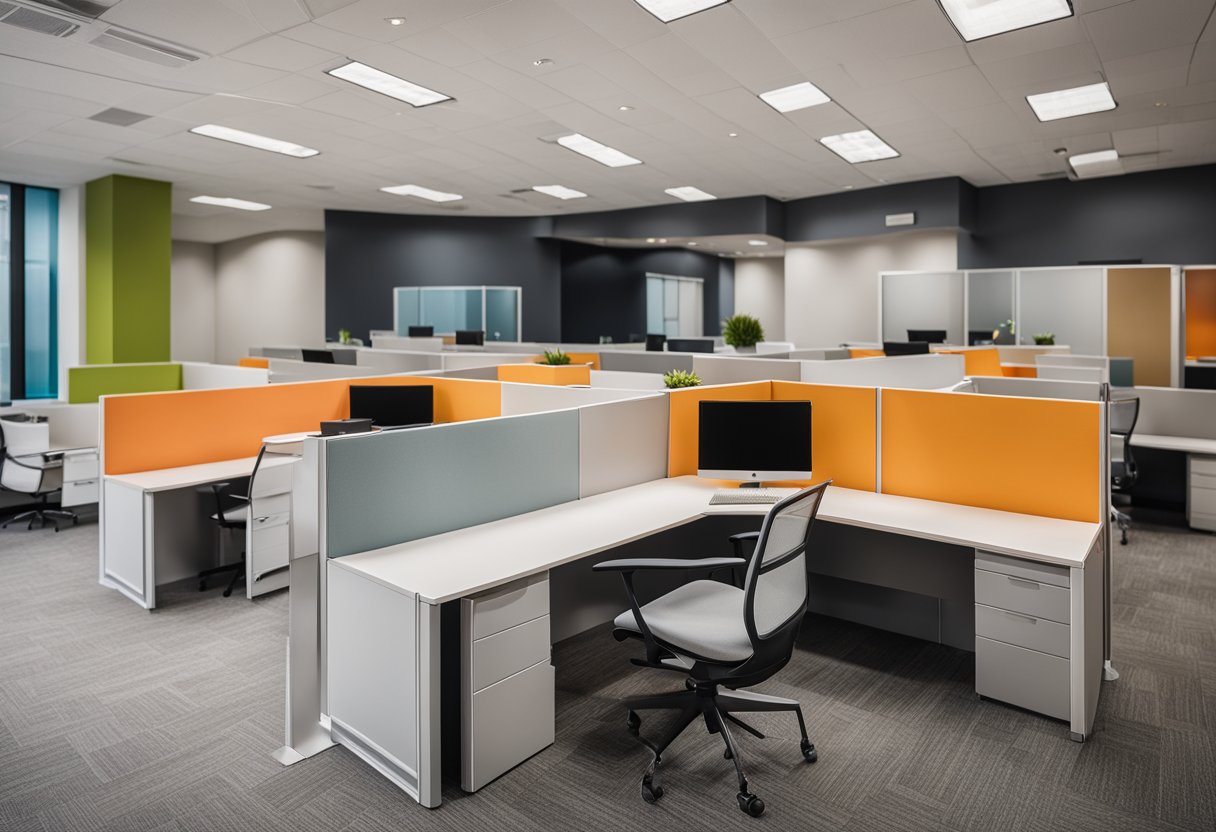 A modern office cubicle with sleek, minimalist furniture and vibrant pops of color. The space is organized and functional, with plenty of storage and ergonomic seating options