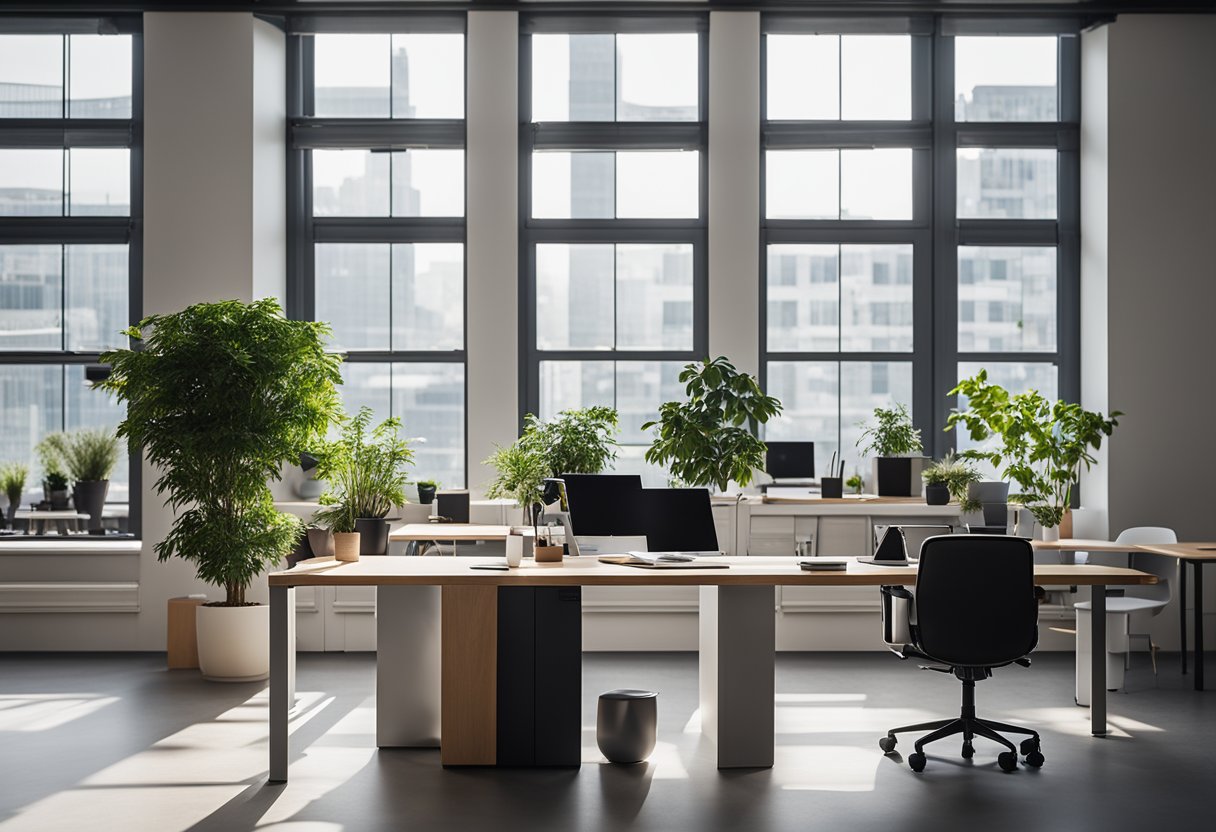Modern office furniture arranged in a spacious, well-lit room with sleek desks, ergonomic chairs, and minimalist shelving. A large window provides natural light, and a potted plant adds a touch of greenery