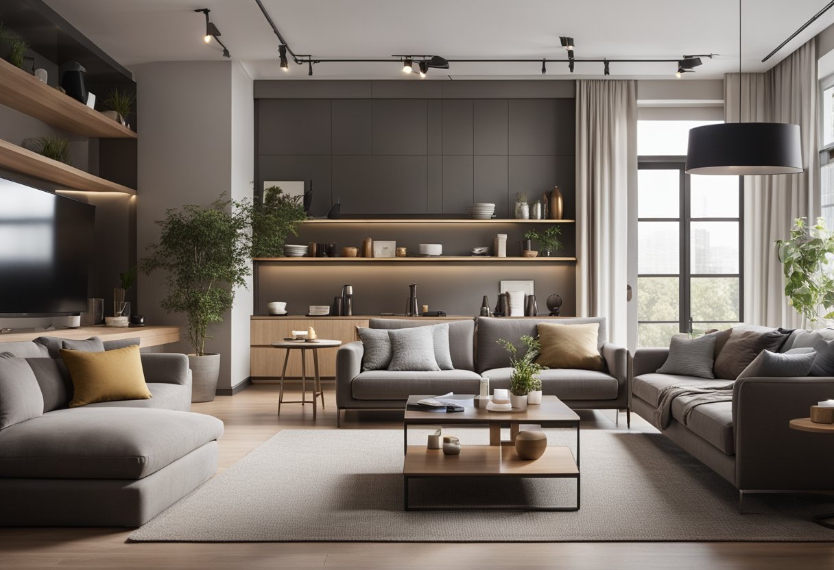 A spacious, modern living room with a cozy seating area, sleek storage solutions, and stylish decor. The open layout seamlessly connects to a functional kitchen and dining space