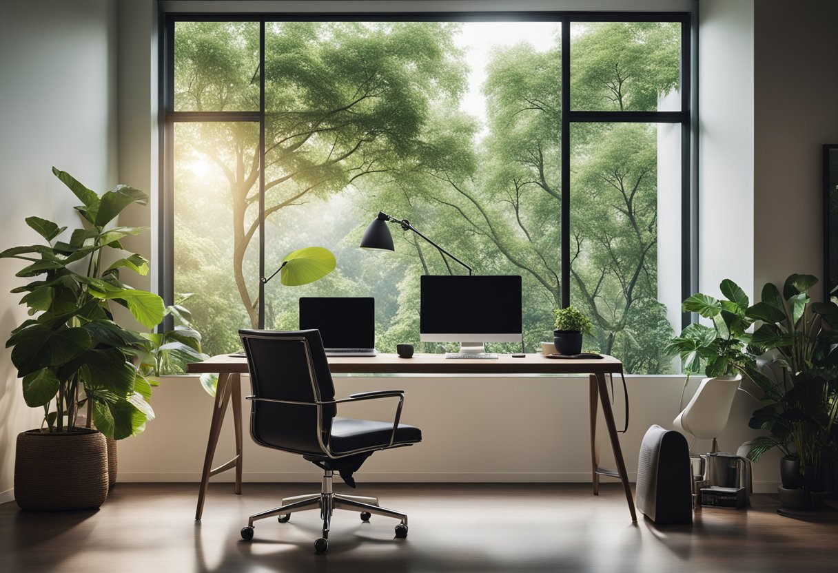 A sleek, modern desk sits against a large window, offering a view of lush greenery. A comfortable chair with ergonomic features is placed at the desk, surrounded by stylish storage solutions and minimalistic decor