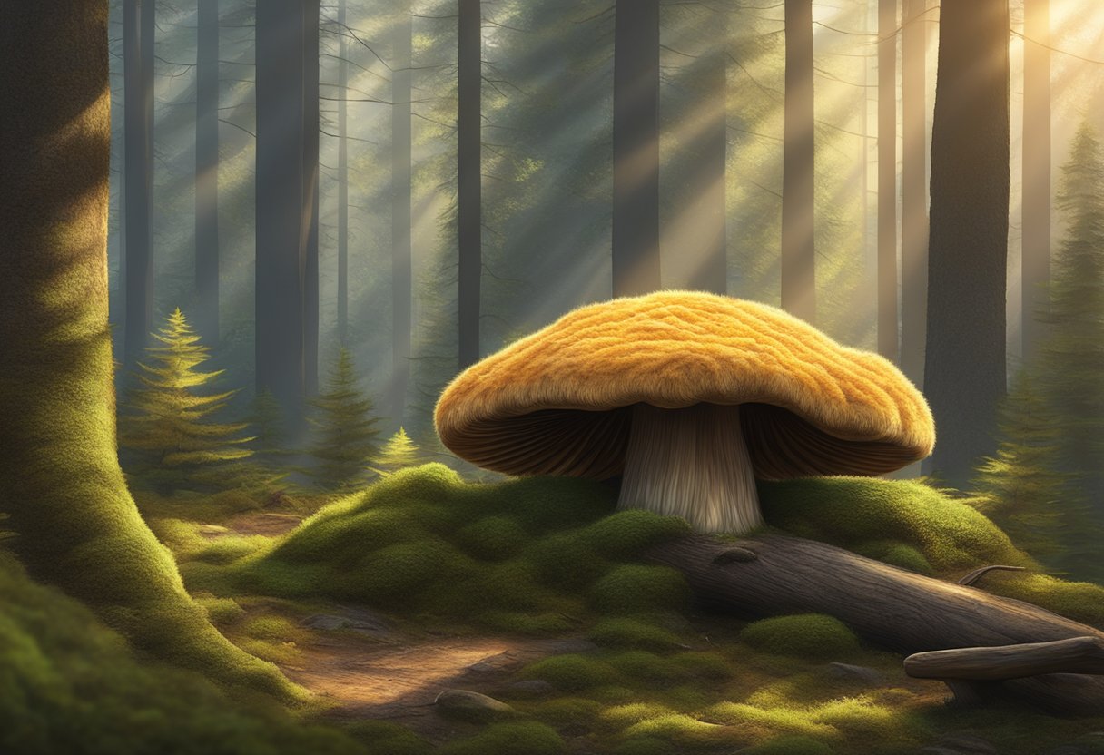 A large lion's mane mushroom grows on a moss-covered log in a dense forest clearing. Sunlight filters through the trees, casting a warm glow on the unique, shaggy texture of the mushroom