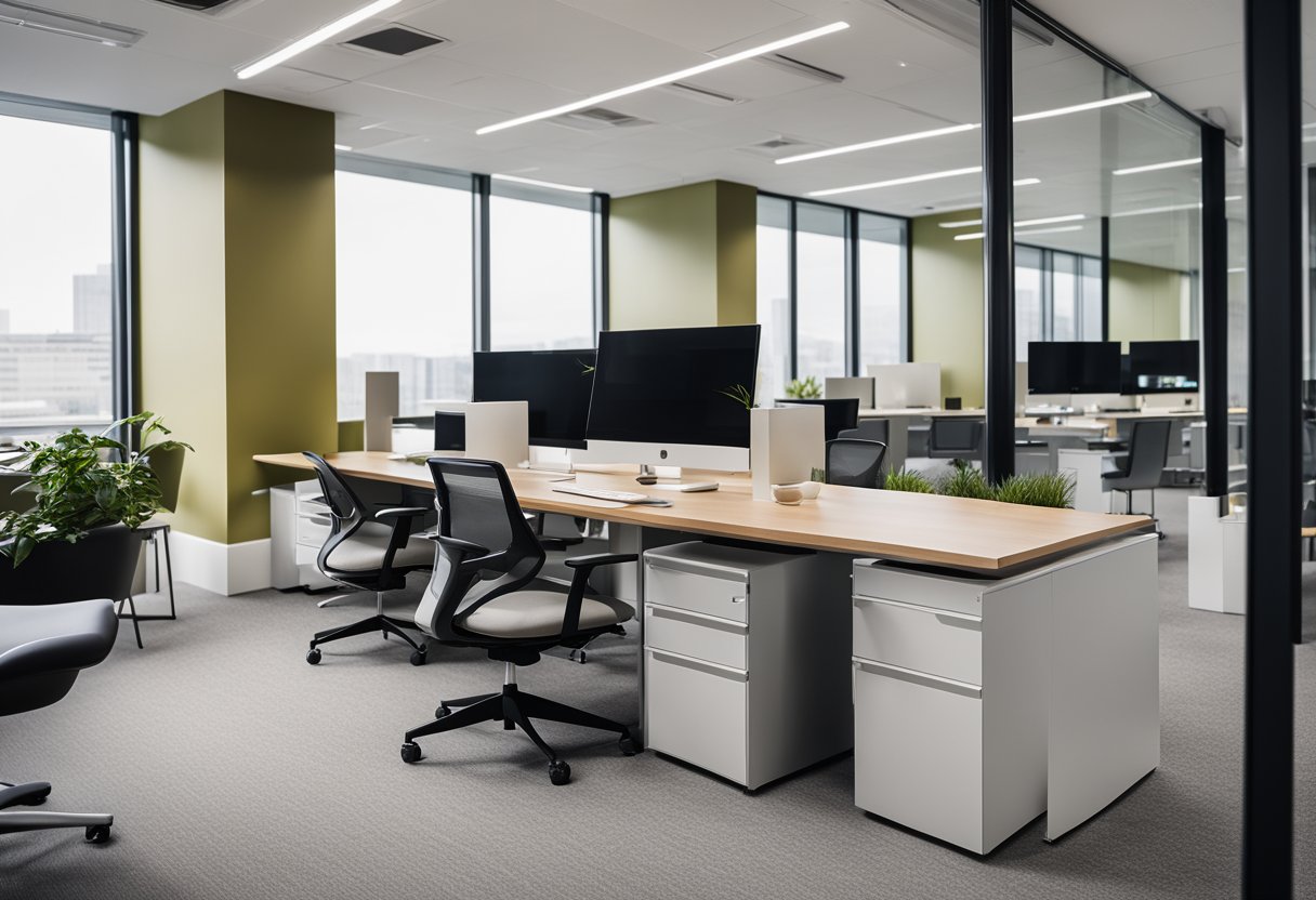 A modern office with sleek, minimalist furniture and clean lines. Aesthetic elements include neutral colors, ergonomic chairs, and functional workstations