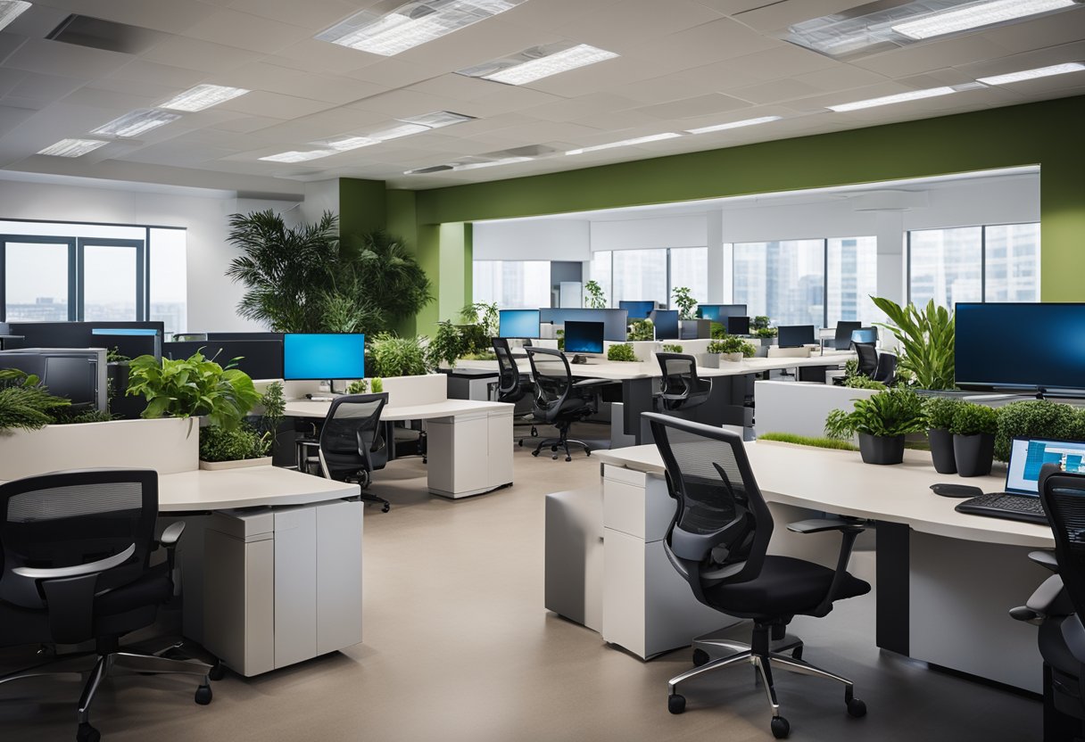 A modern office setting with ergonomic chairs, adjustable desks, and computer monitors. The space is well-lit with natural light and features plants for a touch of greenery