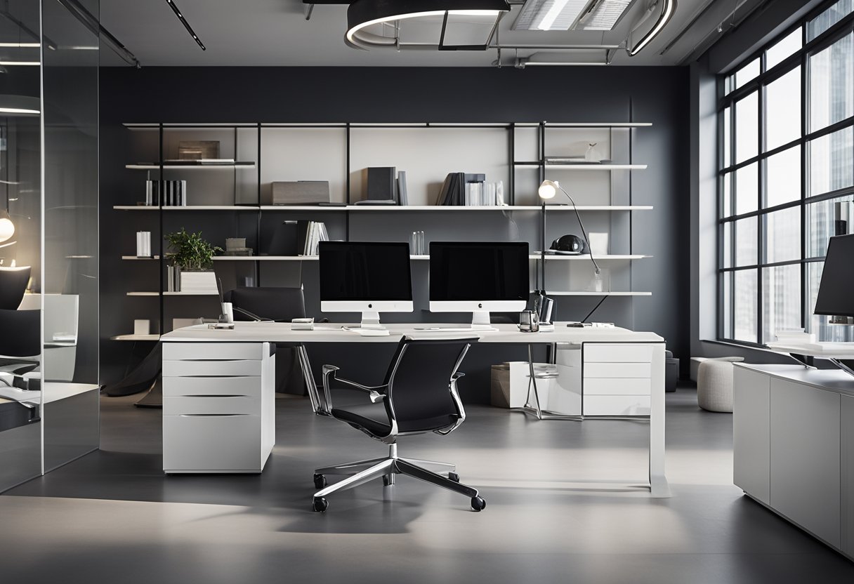 A modern office space with sleek, minimalist furniture and clean lines. The design incorporates ergonomic features and multifunctional pieces for a practical and stylish workspace