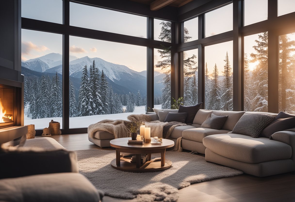 A cozy living room with a fireplace, a plush sofa, and a warm rug, surrounded by snow-covered windows and a view of a serene winter landscape