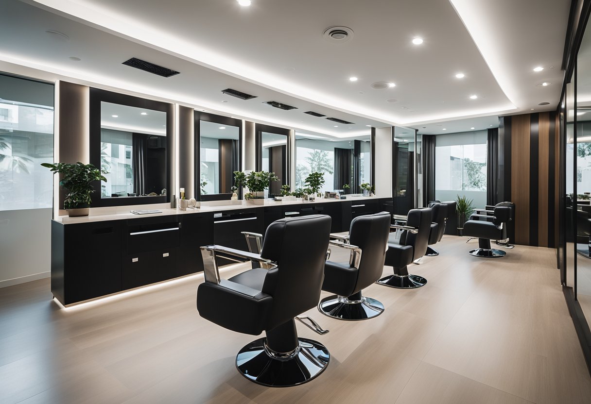 A modern hair salon in Singapore with sleek, ergonomic salon chairs, elegant mirrored styling stations, and a minimalist reception desk
