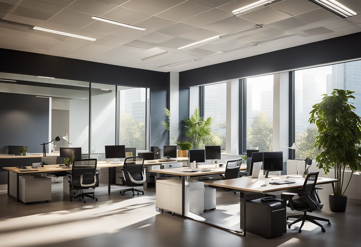 The office is bathed in warm, natural light from large windows, supplemented by soft, overhead LED fixtures. The lighting is evenly distributed, creating a comfortable and productive work environment