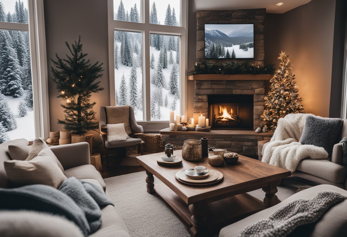 A cozy living room with a plush sofa, warm blankets, and a crackling fireplace, surrounded by snowy landscapes and winter decor